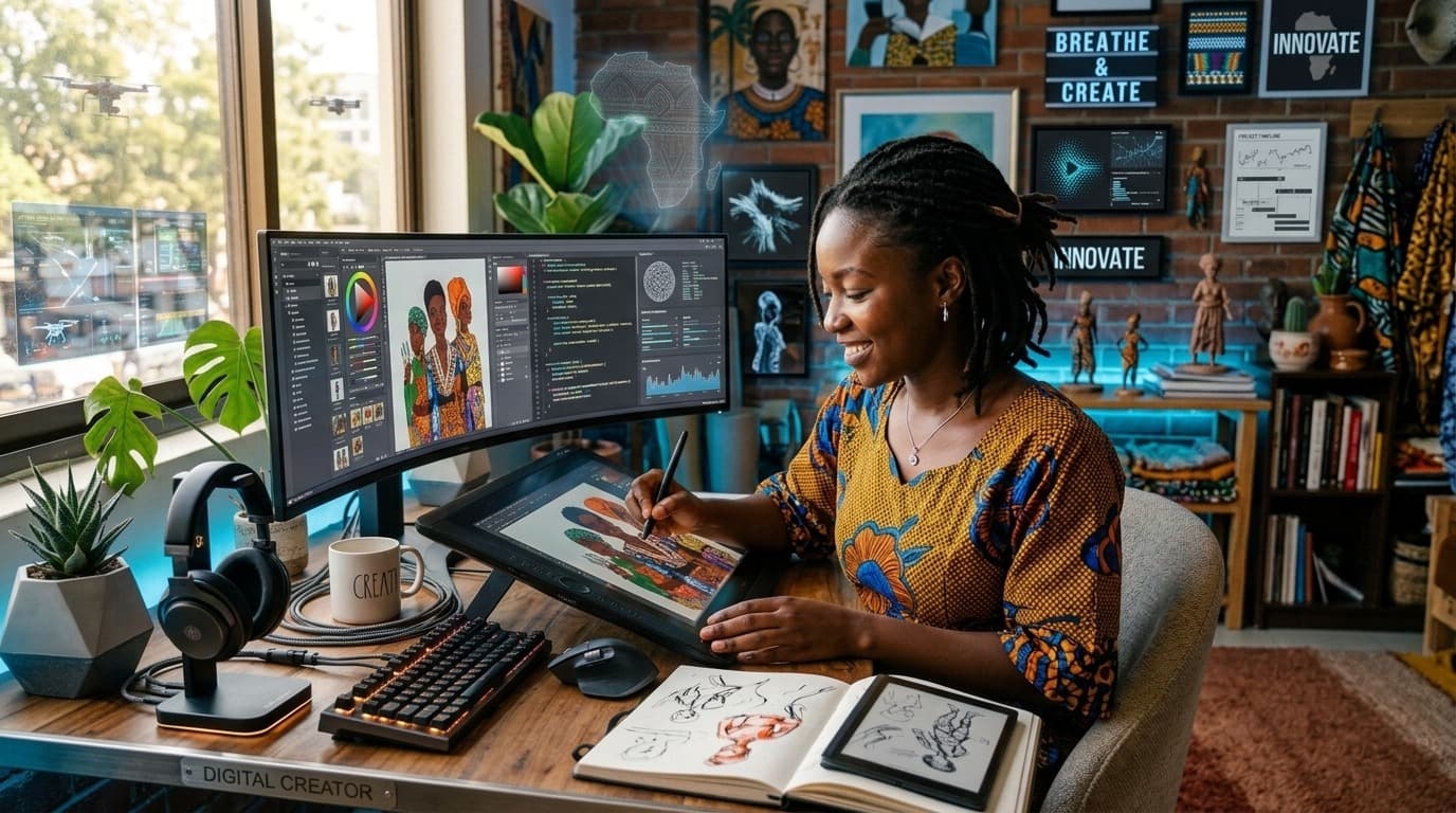 Digital creator designing with African-inspired artwork